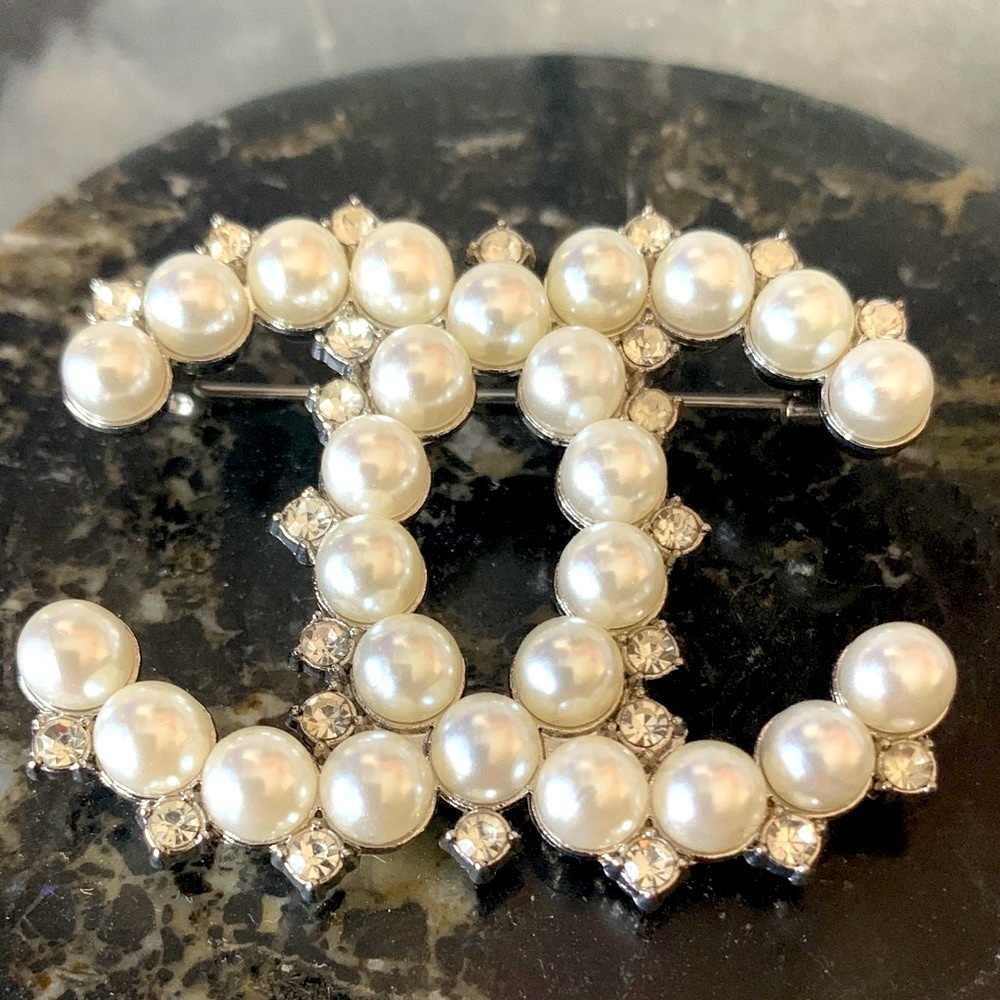 NEW! CC Letter White Pearl and Silver Crystal Brooch